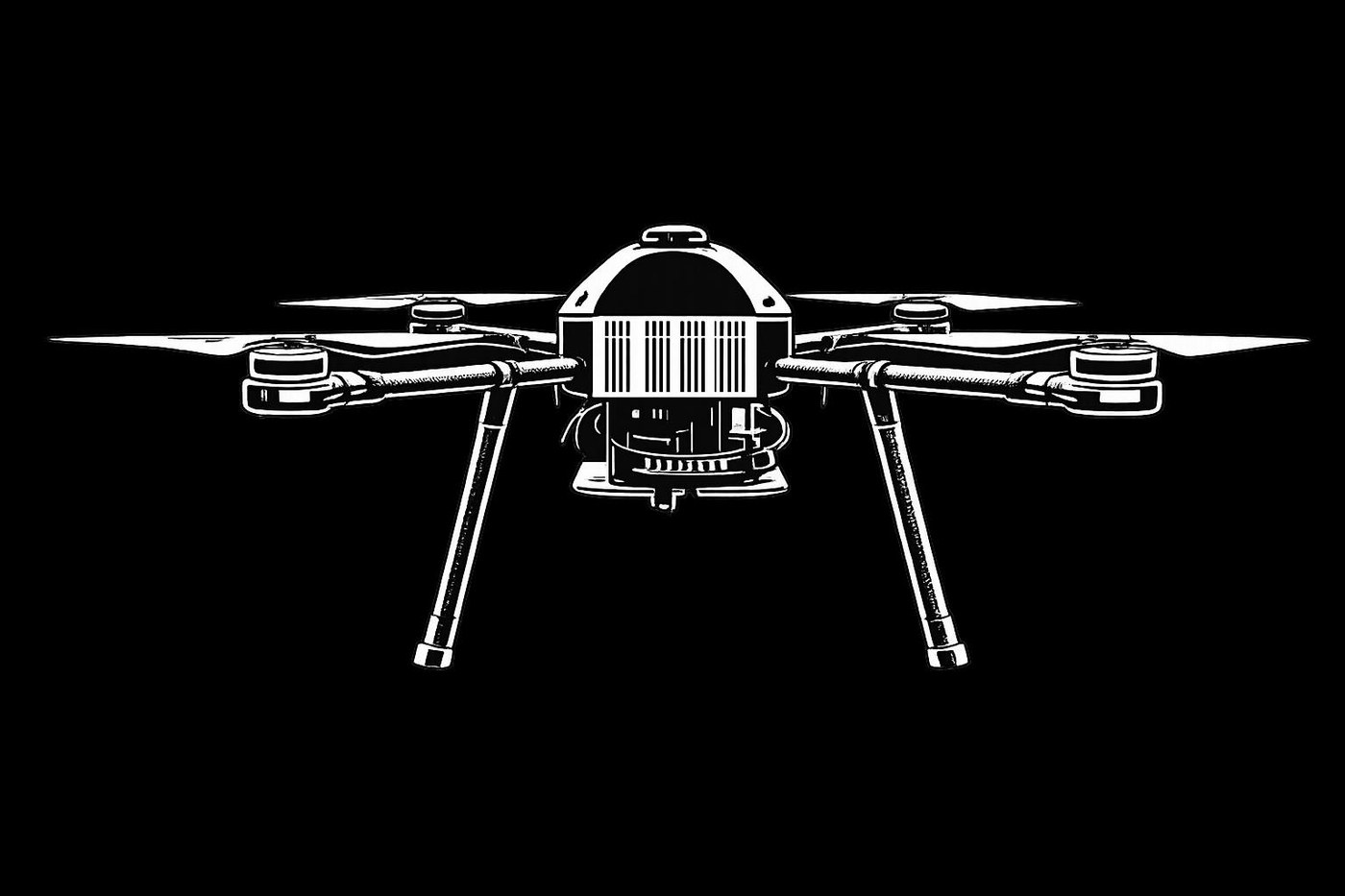 Front elevation of the aircraft: four arms, four propulsion units, and the antenna masts that carry the redundant links