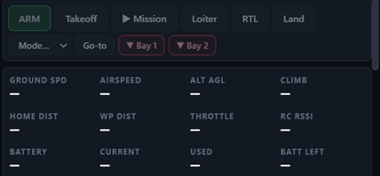 The real ground station's flight screen: ARM, Takeoff, Mission, Loiter, RTL and Land commands, both payload bay releases, and a twelve-field telemetry block