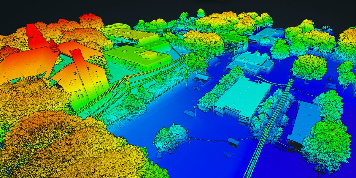 Height-coloured three-dimensional survey map produced from flight data, resolving buildings, trees, roads, and vehicles